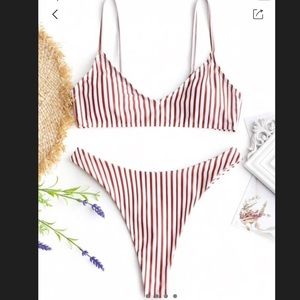 Red and White Striped High waist thong bikini